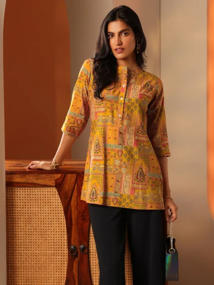 Mustard Printed Silk Blend Straight Short Kurti