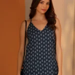 Navy blue Printed Cotton Straight Short Kurti