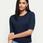 Women Ribbed Stretchable Round-Neck Top